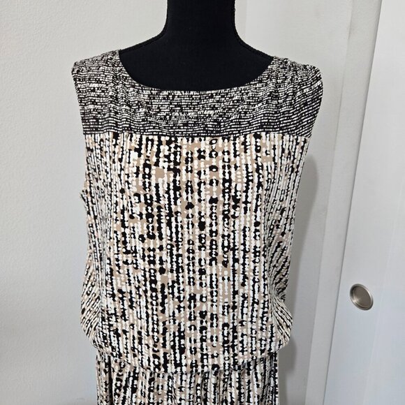 Ellen Tracy Black and Tan Sleeveless Tie Waist Geometrical Midi Dress Large - Picture 2 of 14
